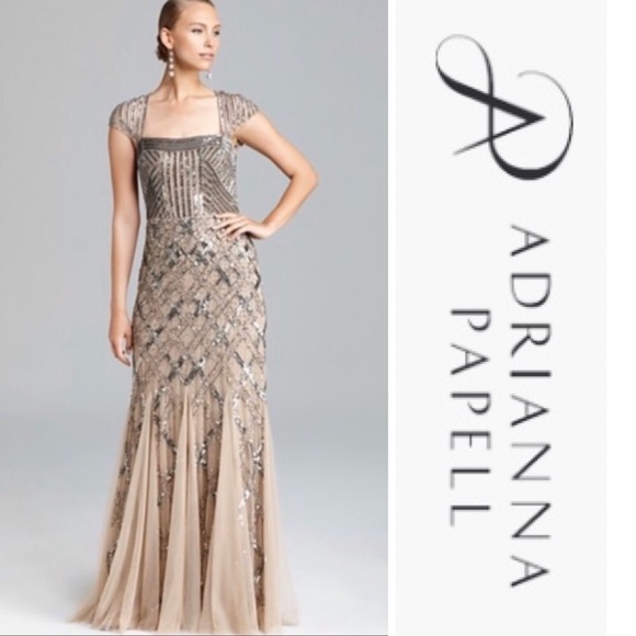 Adrianna Papell Dresses & Skirts - Adrianna Papell Long beaded cap sleeves sweetheart neck long gown